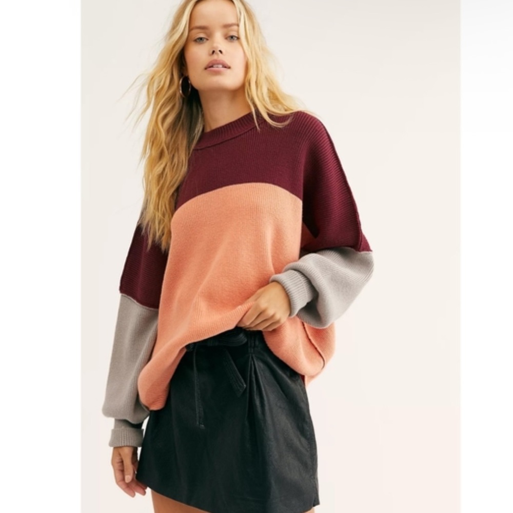 Free People S Small Easy Street Color block Burgundy Ribbed Sweater